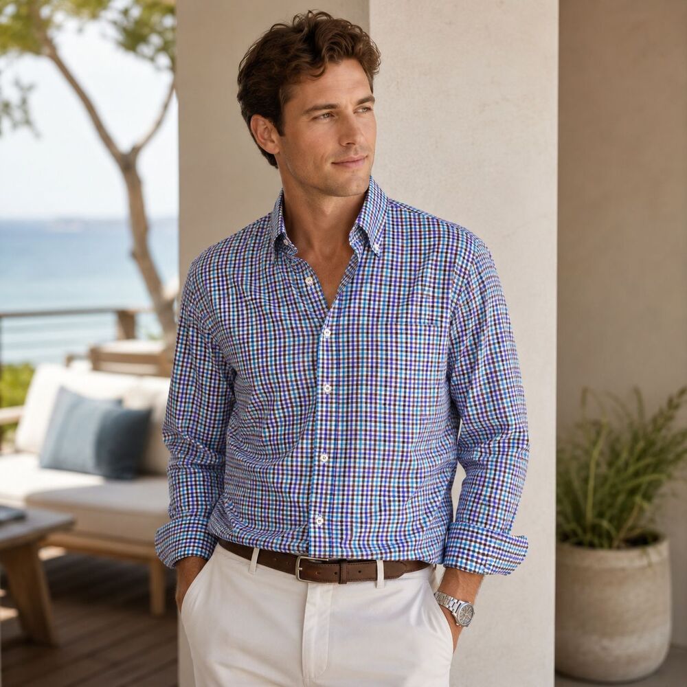 PETER MILLAR Men Button Down Shirt MEDIUM Plaid Blue Purple 100% Cotton